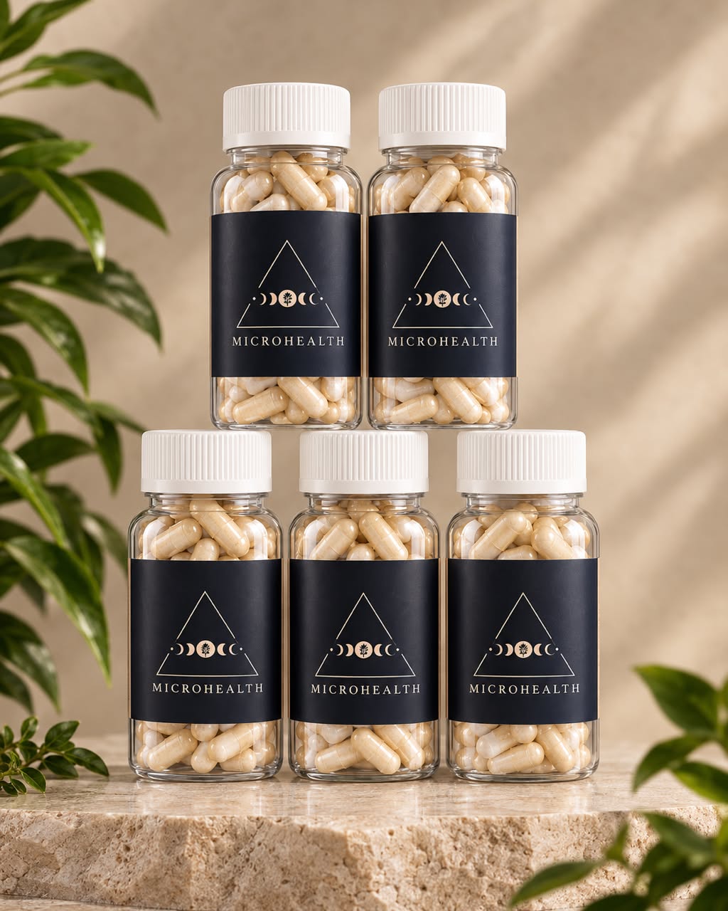Stacked Microhealth medicinal mushroom capsule bottles